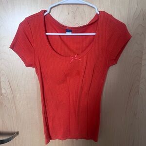 Red Ribbed Short Sleeve Top